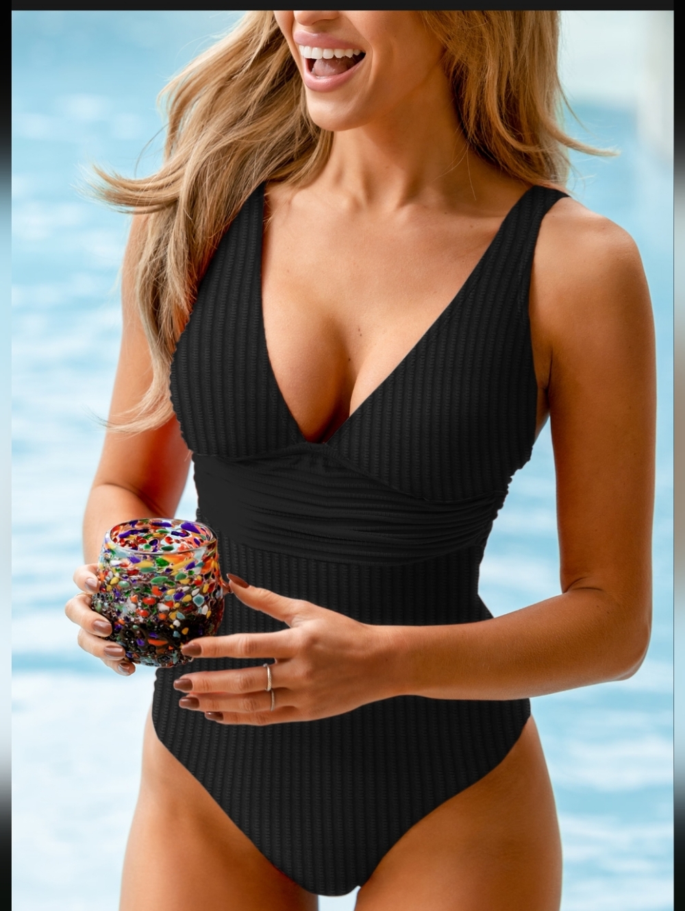 Cupshe Black Ginger Ribbed & Ruched One-Piece Swimsuit - Picture 3 of 6